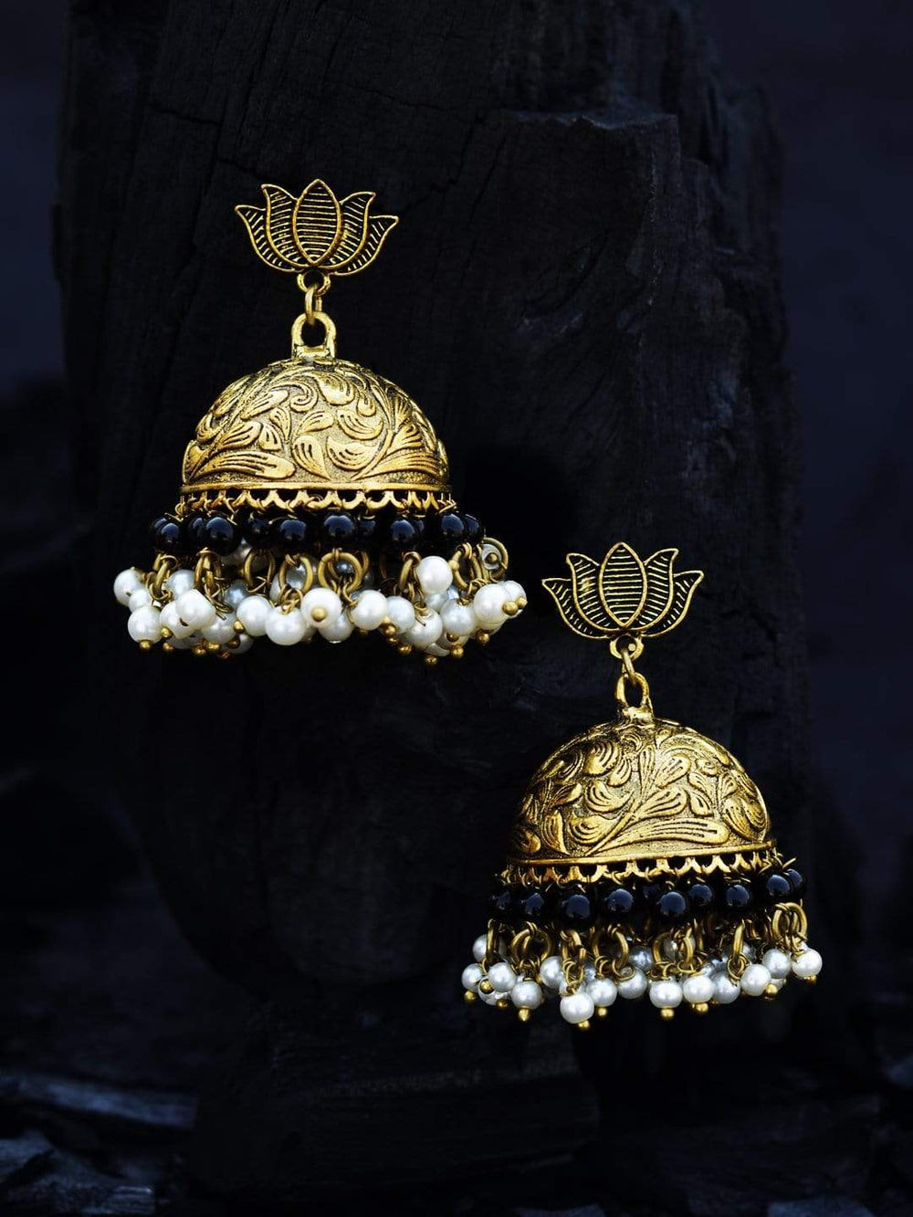 Rubans oxidised gold toned lotus contemporary jhumka earrings Earrings