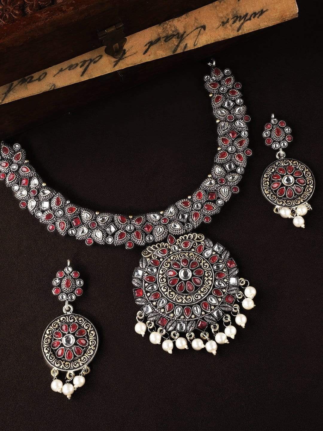 Rubans Oxidised Ruby Studded  Necklace Set Necklace Set