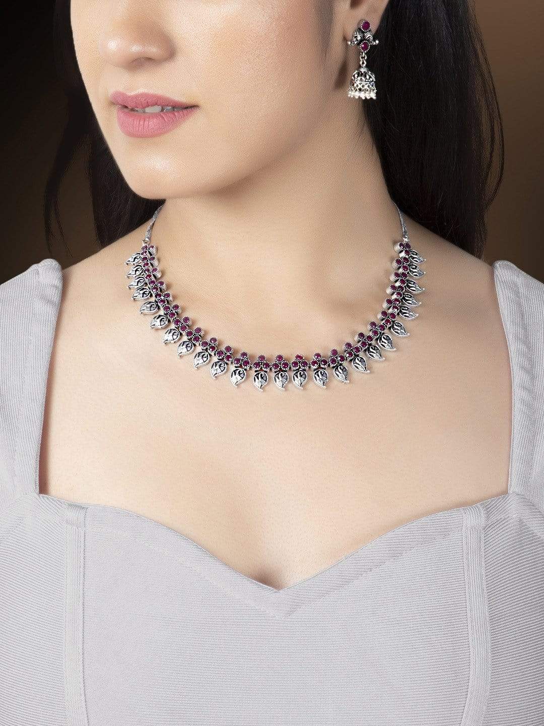 Rubans Oxidised Silver Plated Faux Ruby Studded traditional necklace set Necklace Set