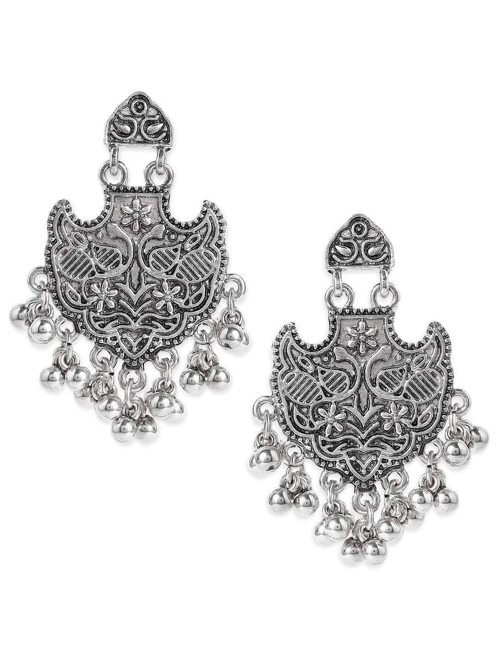 Rubans Oxidised Silver Plated Handcrafted Filigree with Ghungru Chandbali Earrings Earrings