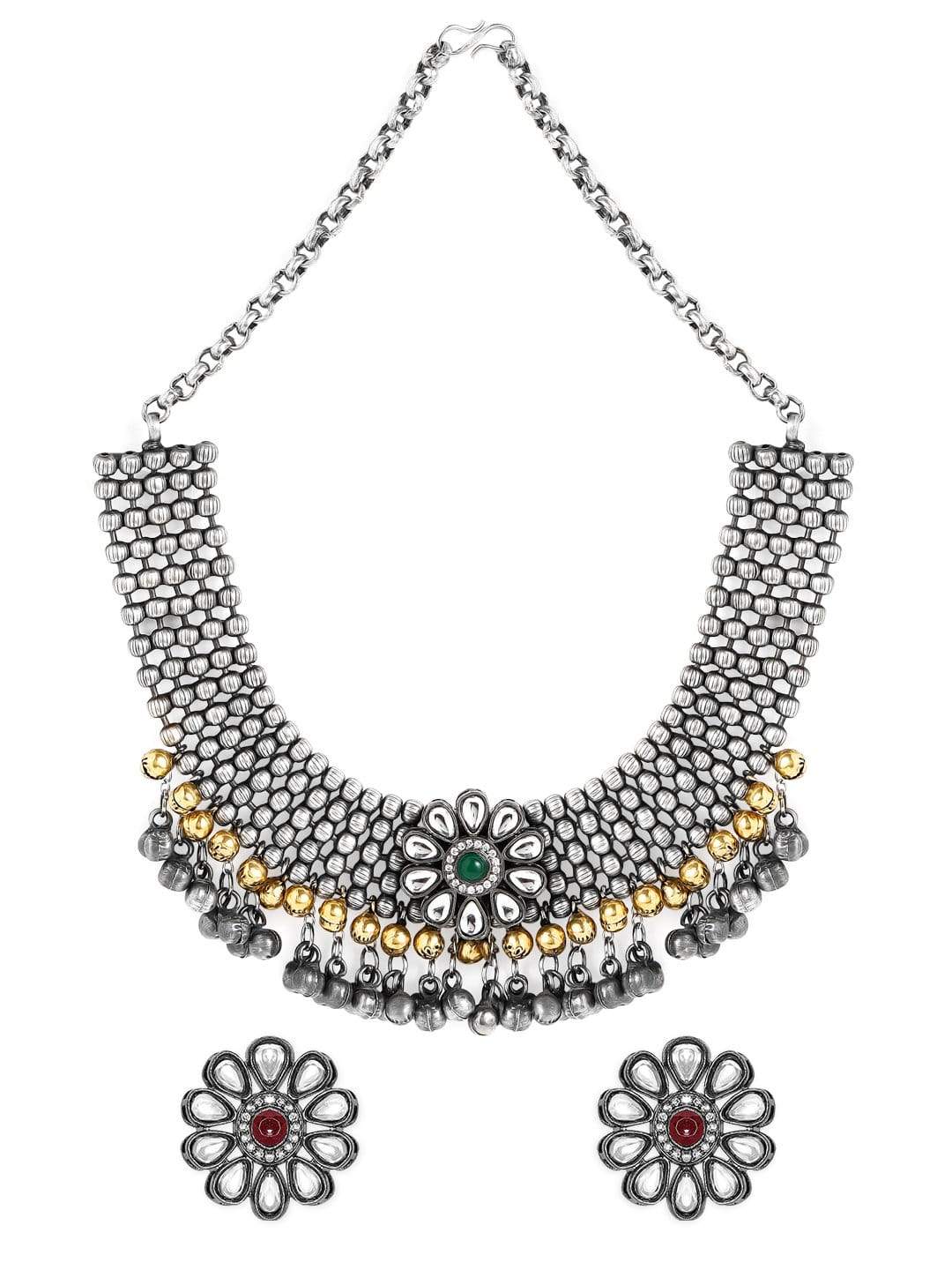Rubans Oxidised Silver Plated Handcrafted Kundan with Ghungru Choker Set Necklace Set