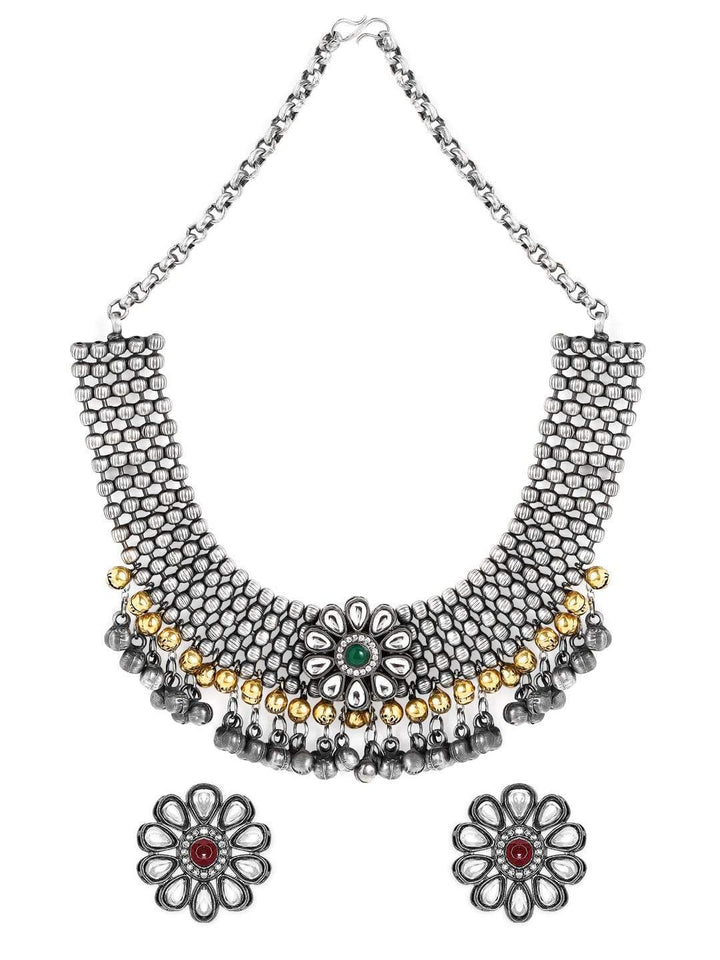 Rubans Oxidised Silver Plated Handcrafted Kundan with Ghungru Choker Set Necklace Set