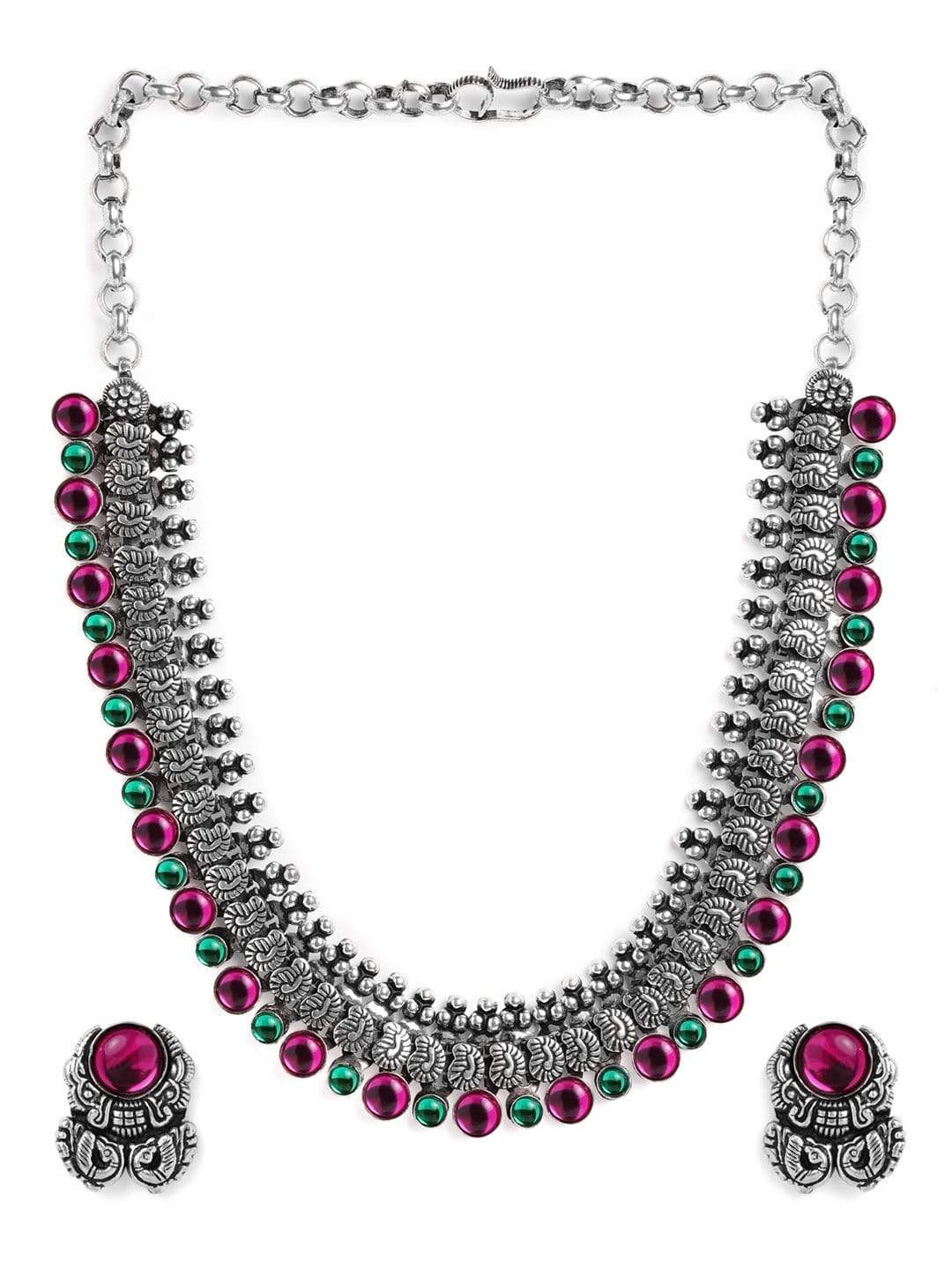 Rubans Oxidised Silver Plated Handcrafted Paisley shape Pink & Green Stone Necklace Set Necklace Set