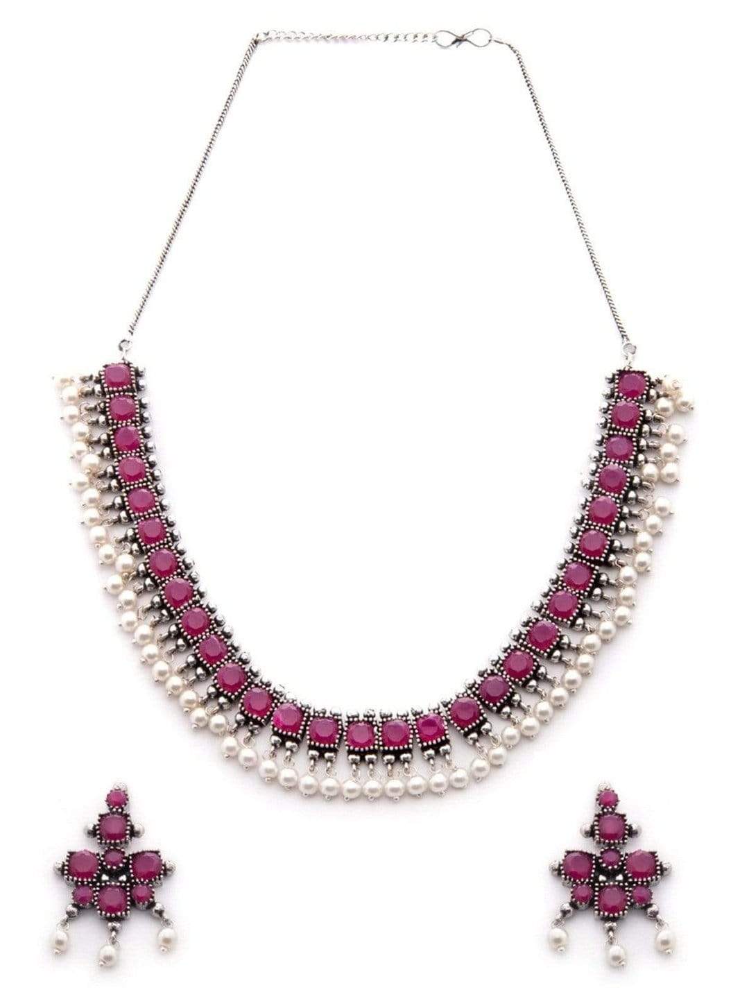 Rubans Oxidised Silver Toned Faux Ruby Studded Embellished With Pearls Necklace Set Necklace Set