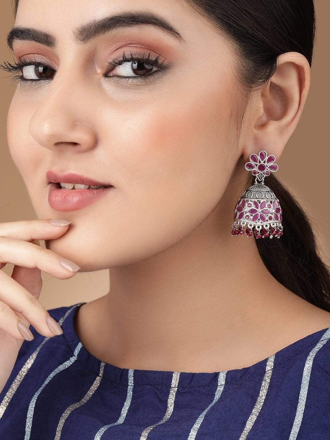 Rubans Oxidized Jhumkas With Ruby Stones Earrings