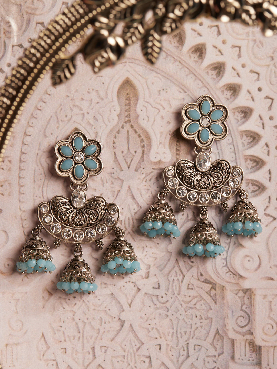 Rubans Oxidized Traditional Earrings in White and  Blue Studded Stones and Jhumka Danglers Earrings