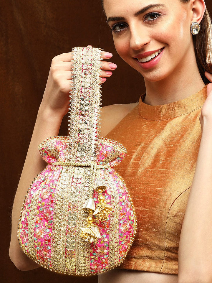 Rubans Pink And Golden Embroidered Potli Bag Handbag & Wallet Accessories