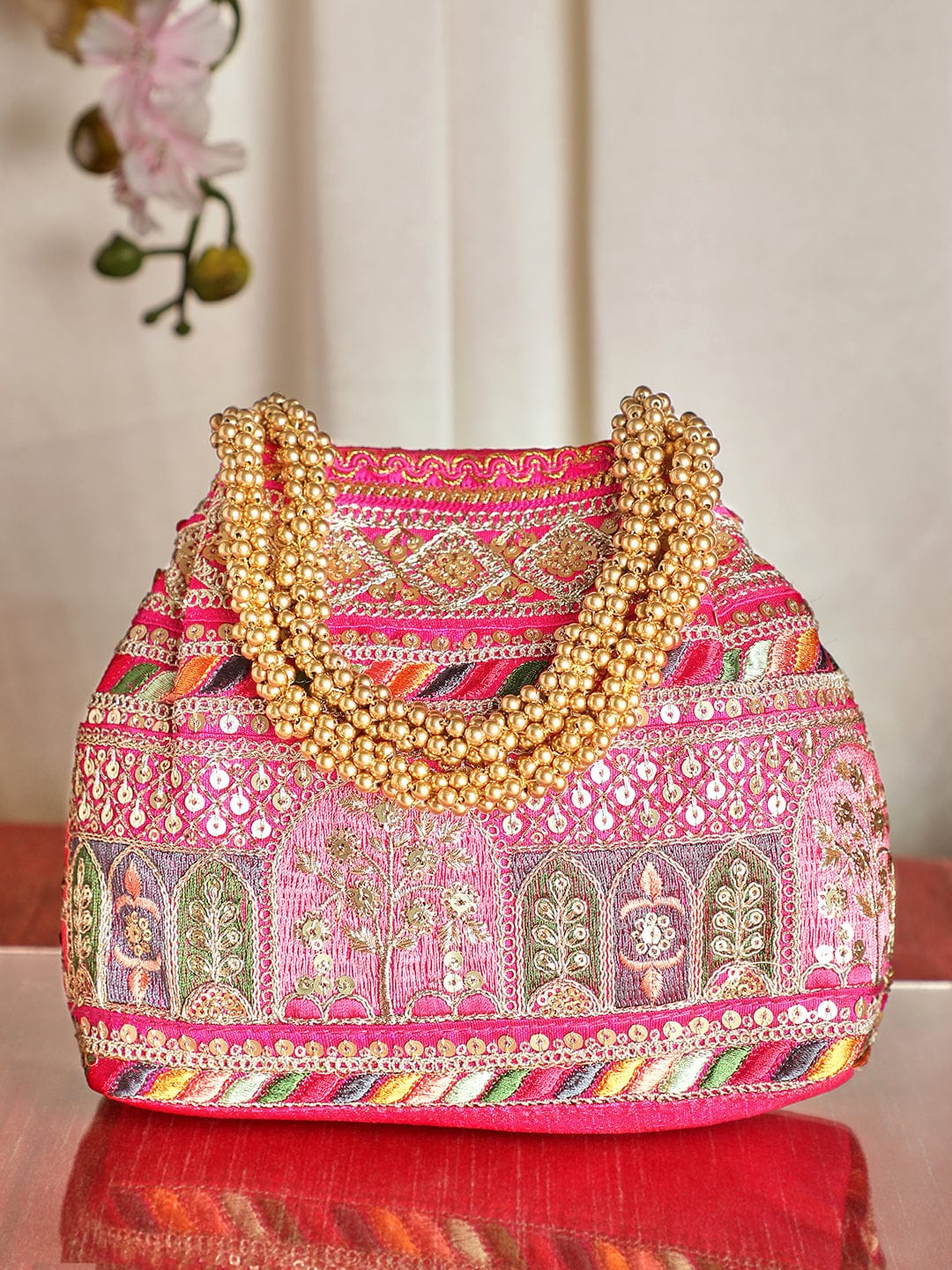 Rubans Pink Coloured Potli Bag With Multicoloured Embroidery Design Handbag &amp; Wallet Accessories