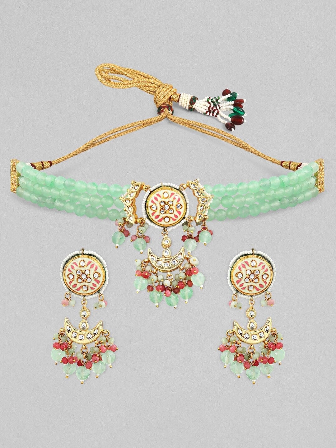 Rubans Pink &amp; Green Beads Multistrand Necklace Set. Necklace Set