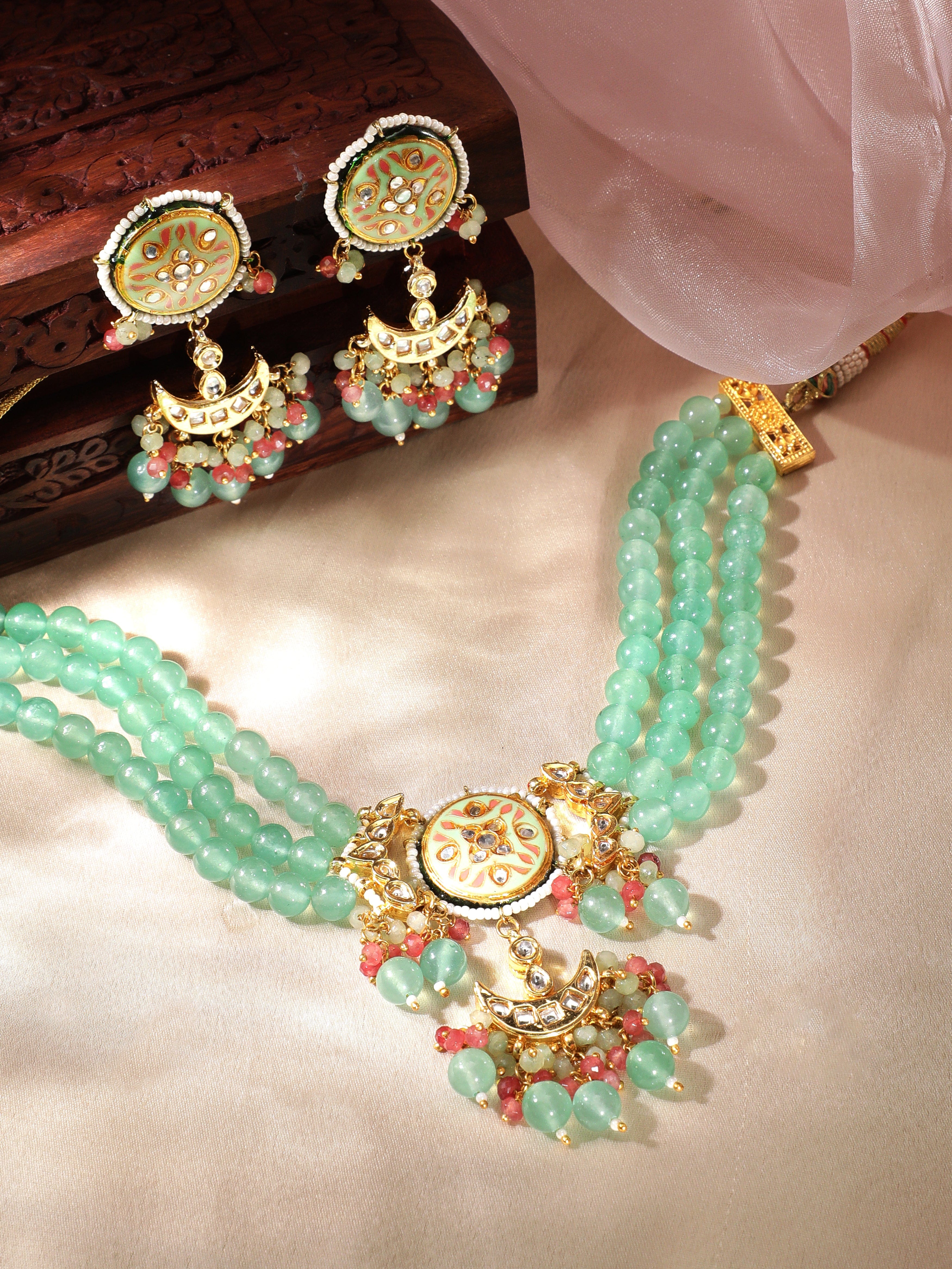 Rubans Pink &amp; Green Beads Multistrand Necklace Set. Necklace Set