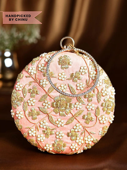 Rubans Pink &amp; White Embroidered Potli Clutch Handbag &amp; Wallet Accessories