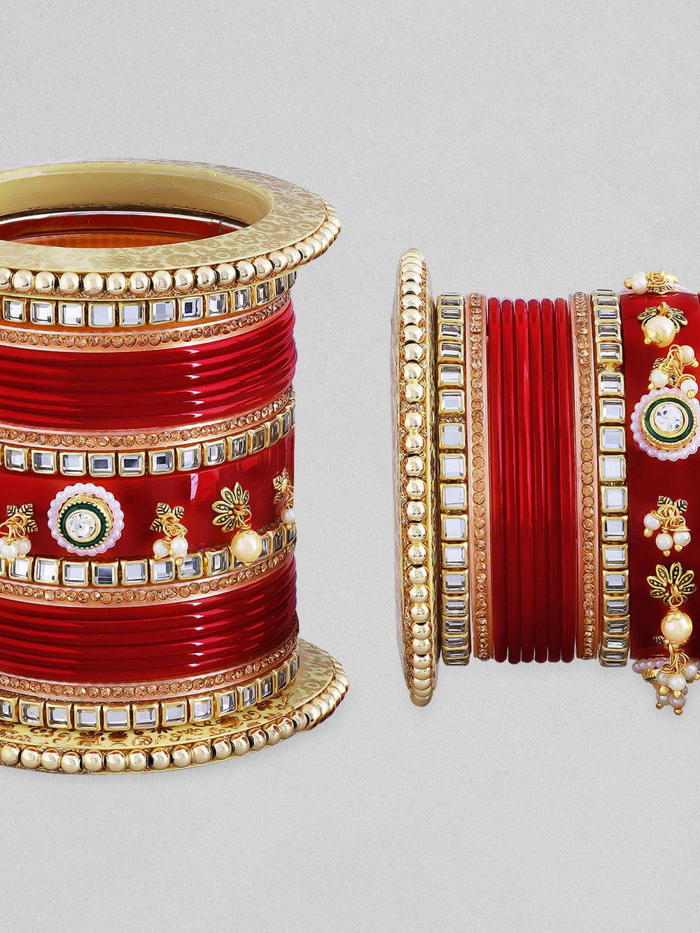 Rubans Red Chura With Golden And Green Enamel, White Stones And Pearls Bangles & Bracelets
