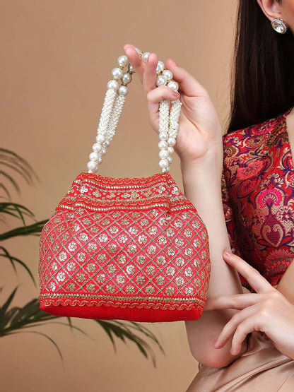Rubans Red Coloured Potli Handbag With Golden Embroidery And Pearls Handbag &amp; Wallet Accessories