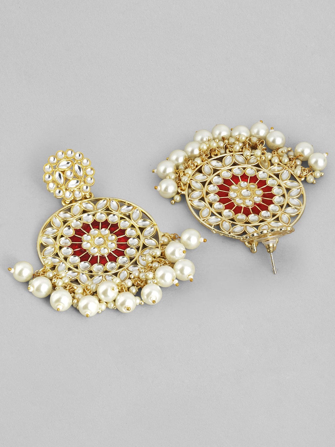 Rubans Red Gold-Plated Kundan Studded  Beaded Handcrafted Drop Earrings Earrings