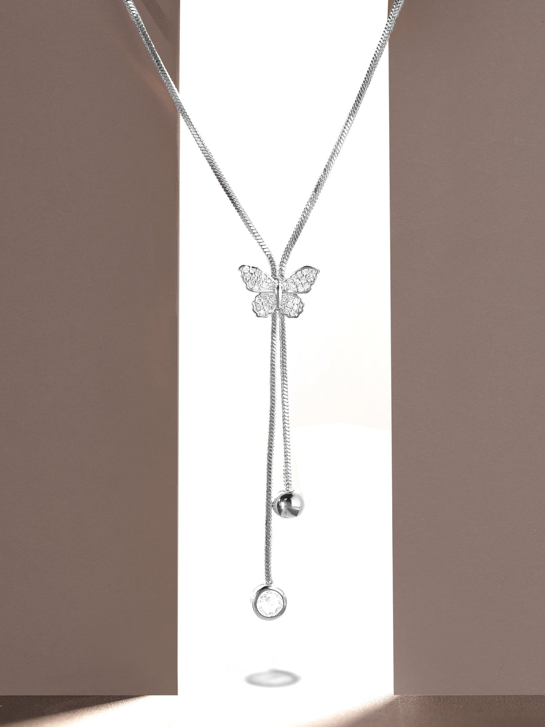 Rubans Rhodium Plated, Minimal Chain Butterfly Motif Zircons Studded Drop Necklace. Chain & Necklaces