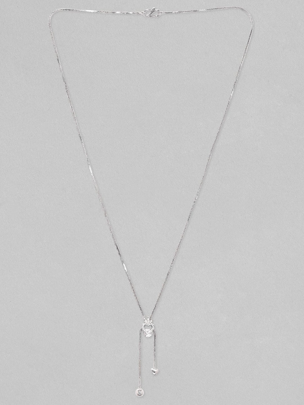 Rubans Rhodium Plated, Minimal Chain Heart Motif Solitaire Zircons Studded Drop Necklace. Chain & Necklaces