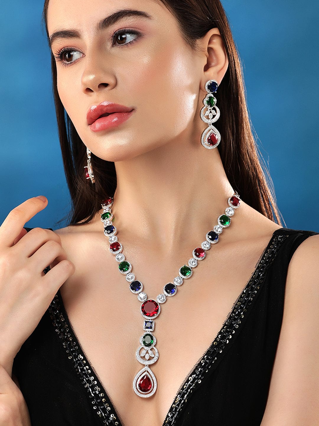 Rubans Rhodium Plated Multicoloured Zircons Stones Necklace & Earring Set. Necklace Set