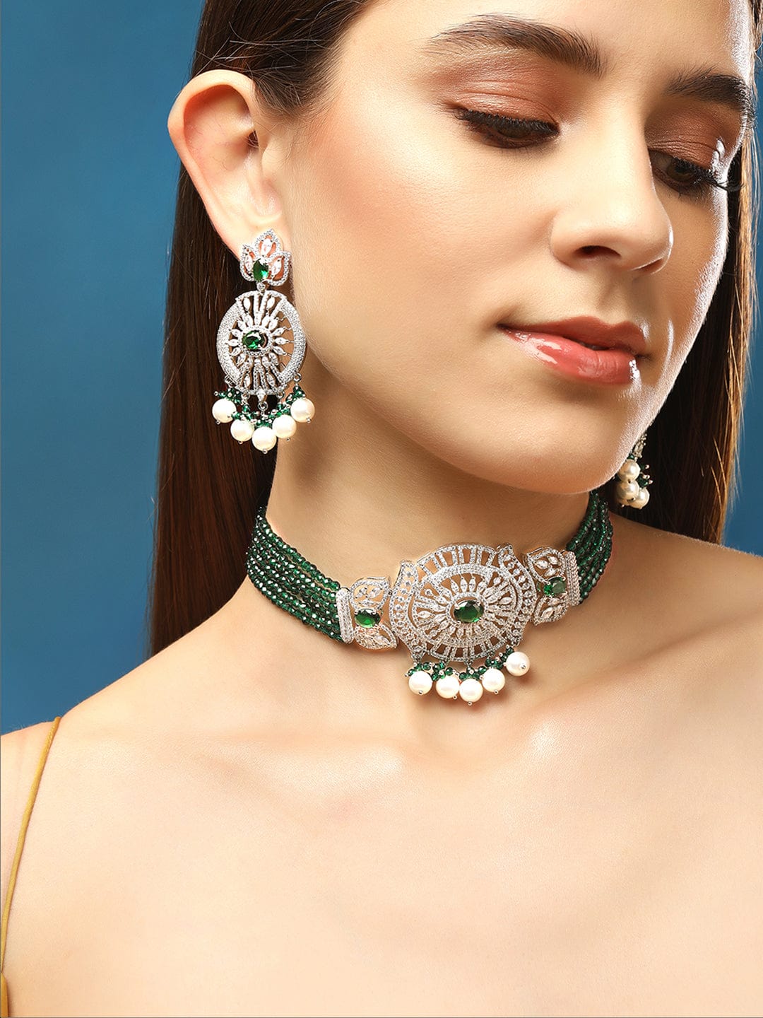 Rubans Rhodium-Plated White &amp; Green Zircons Stones Necklace &amp; Earring Set. Necklace Set