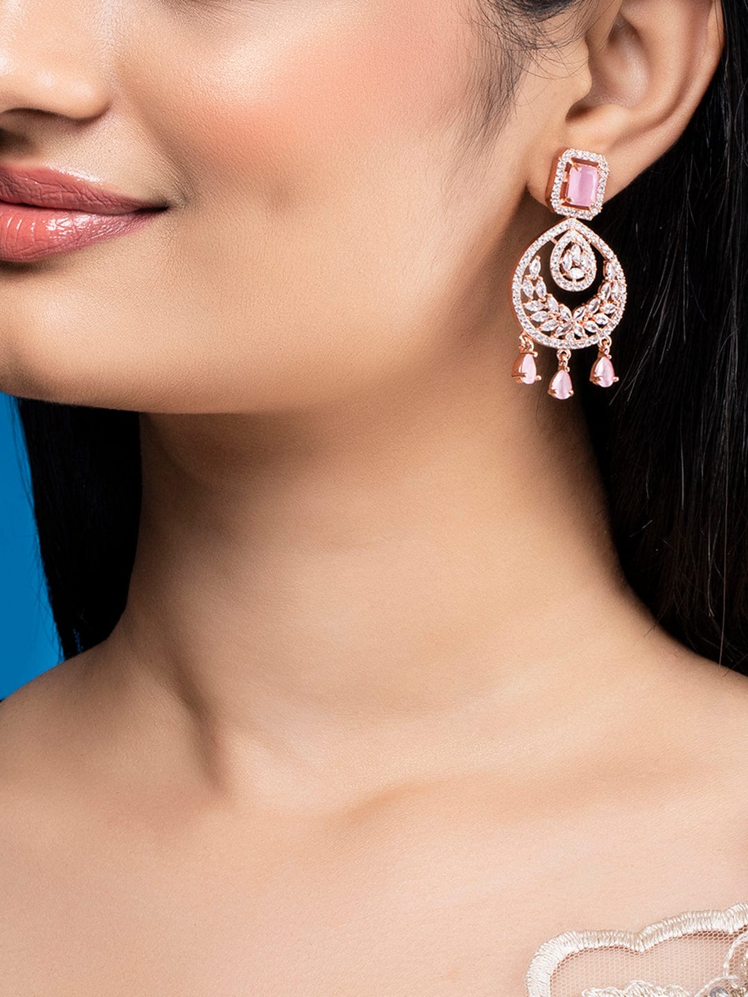 Rubans Rose Gold Plated Handcrafted AD Studded Pink Color Drop Earrings. Earrings