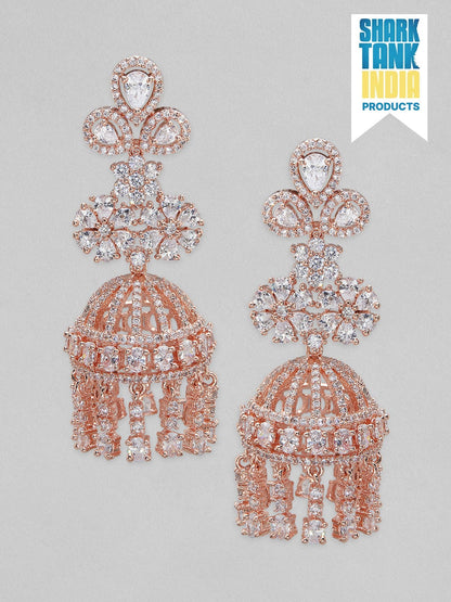 Rubans rose gold plated jhumka earrings with studded american stones. Earrings