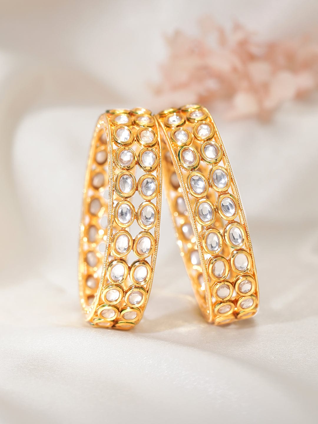 Rubans Set Of 2 18K Gold Toned Emerald Studded Bangles Bangles &amp; Bracelets