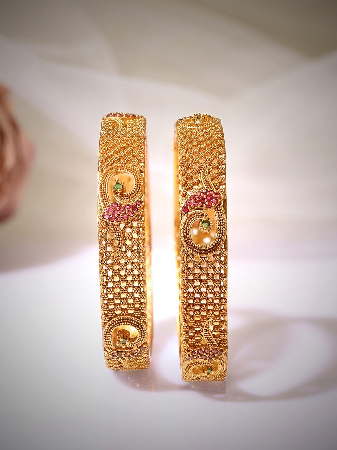 Rubans Set Of 2 Gold-Plated Red  Green Ruby  Stone-Studded Bangles Bangles & Bracelets