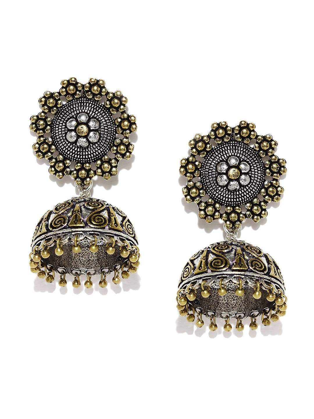Rubans Set Of 2, Oxidized Finish Classic Jhumkas Dangle Earrings. Earrings