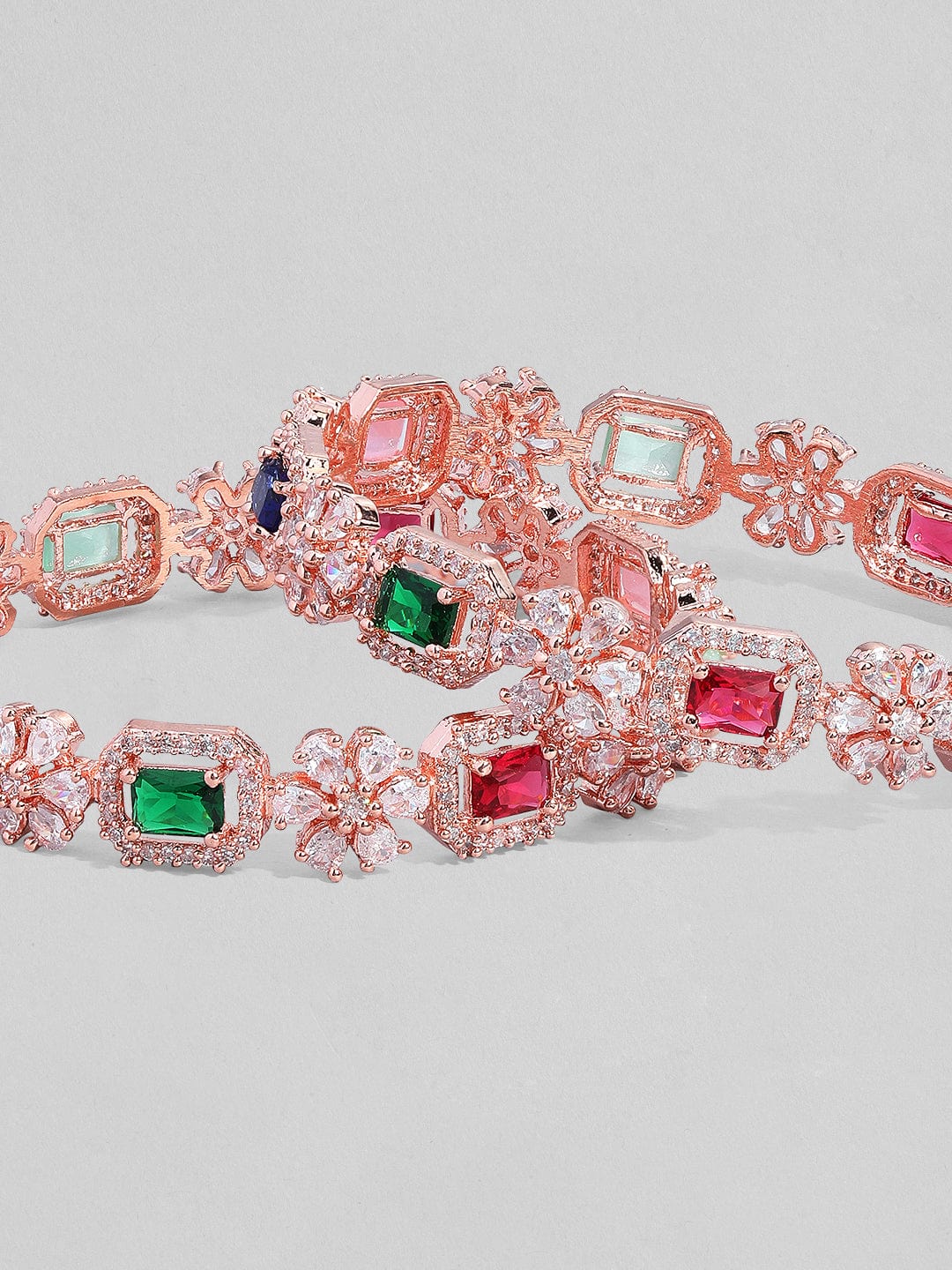 Rubans Set of 2 Rose Gold Plated Pastel Pink  Green Stone Studded Zirconia Bangle Bangles &amp; Bracelets