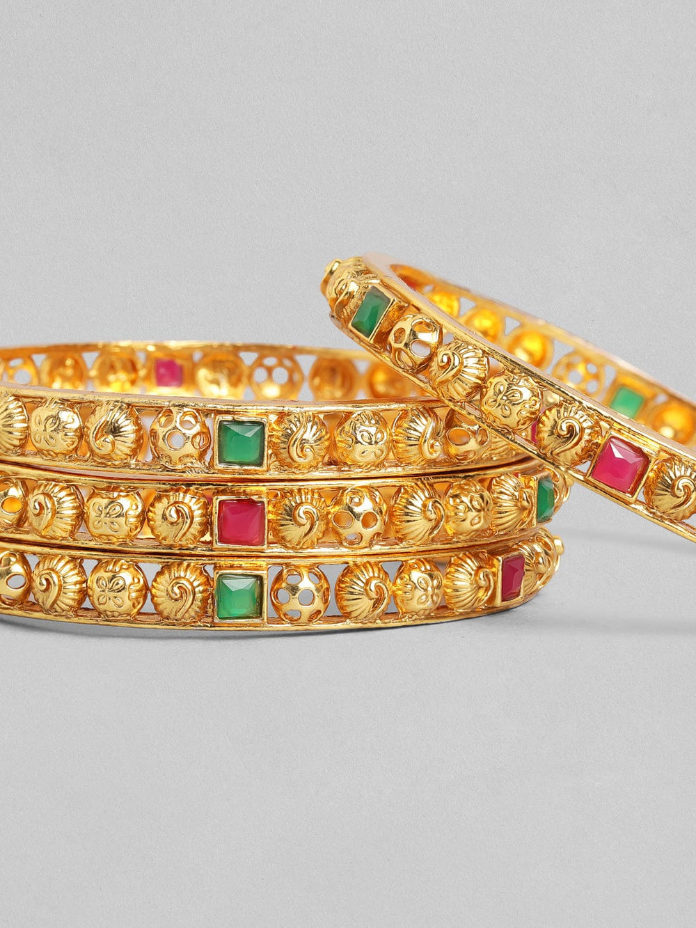 Rubans Set Of 4 24K Gold-Plated Pink  Green Ruby-Studded Handcrafted Bangles Bangles & Bracelets