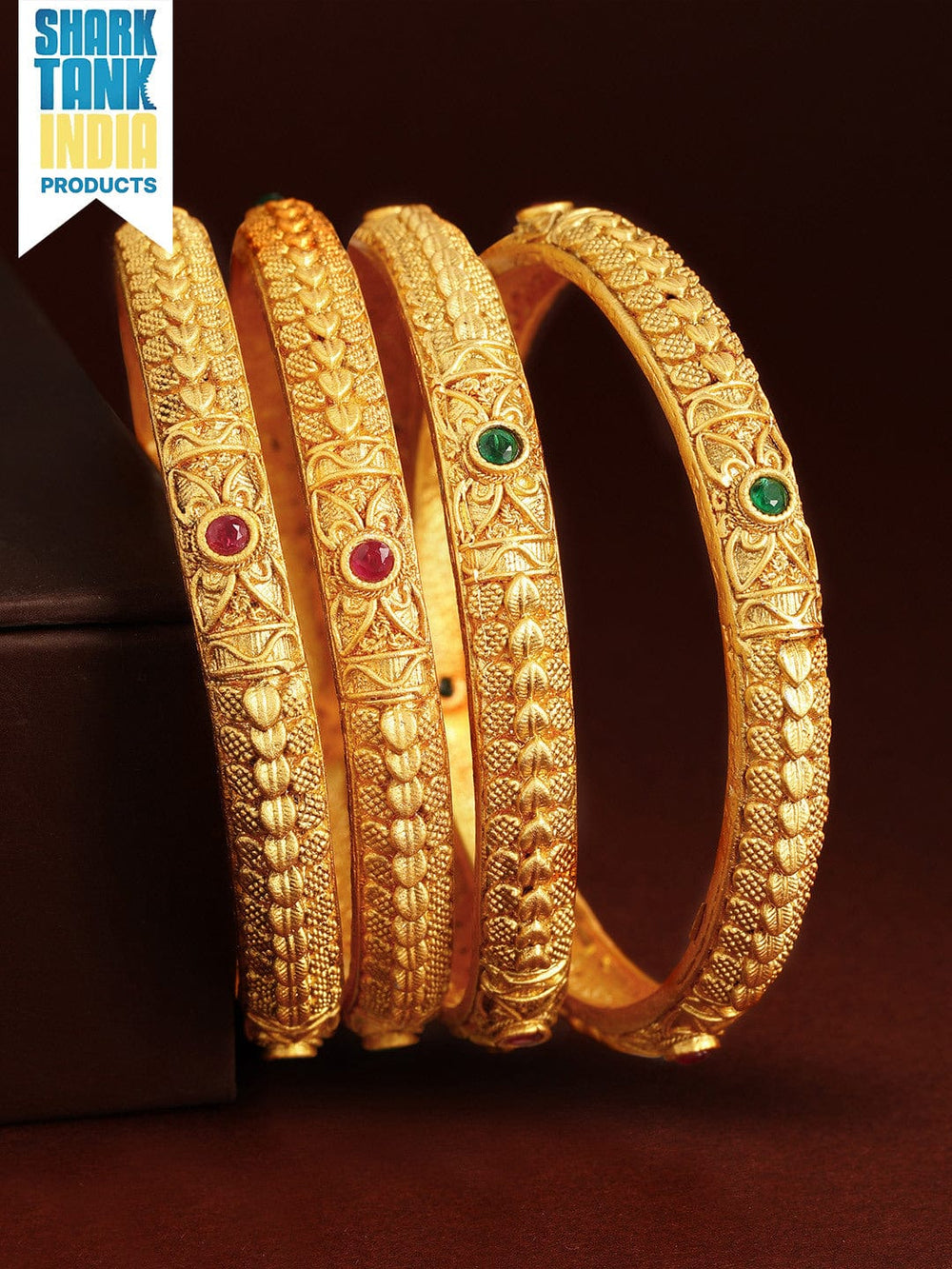 Rubans Set Of 4 24K Gold-Plated Red  Green Stone-Studded Handcrafted Bangles Bangles & Bracelets
