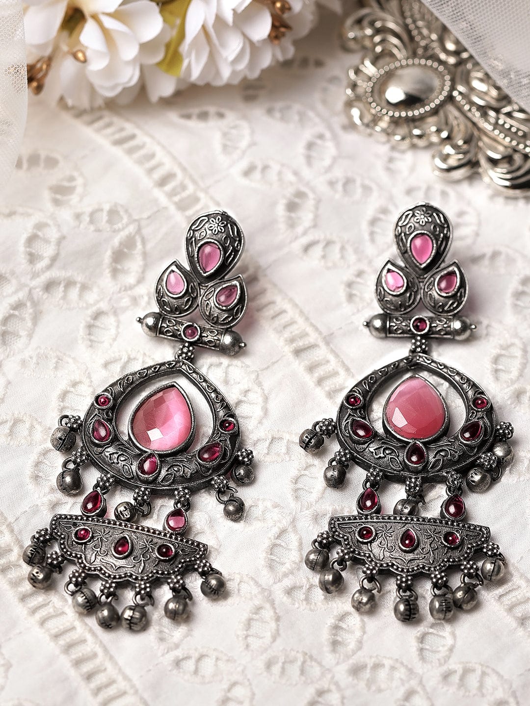 Rubans Silver Oxidised Drop Earrings With Studded Pastel Pink Stones Earrings