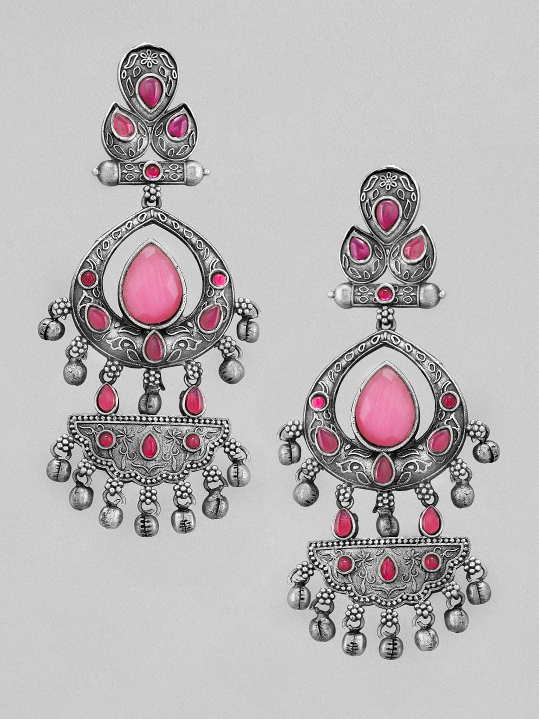 Rubans Silver Oxidised Drop Earrings With Studded Pastel Pink Stones Earrings