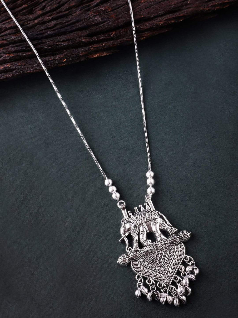 Rubans Silver Oxidised Handcrafted Elephant Pendant Necklace Chain & Necklaces