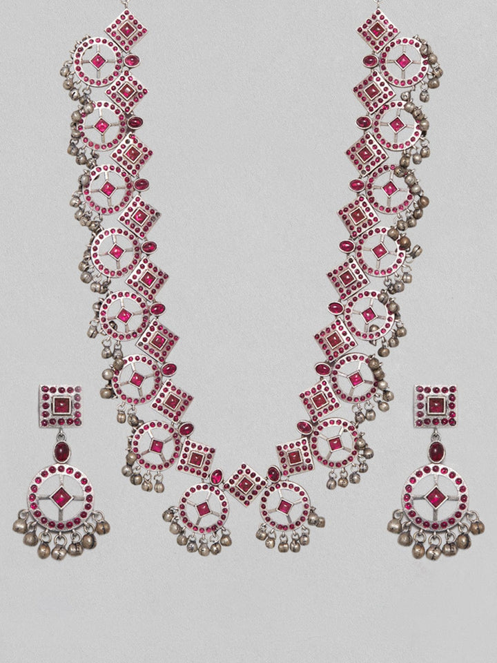 Rubans Silver Oxidised Necklace Set With Studded Pink Stones Necklace Set