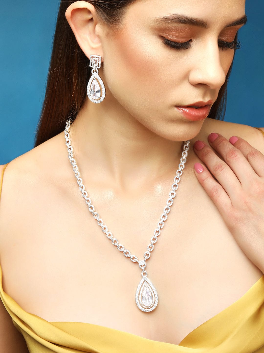 Rubans Silver-Plated AD Studded Necklace Jewellery Set Necklace Set