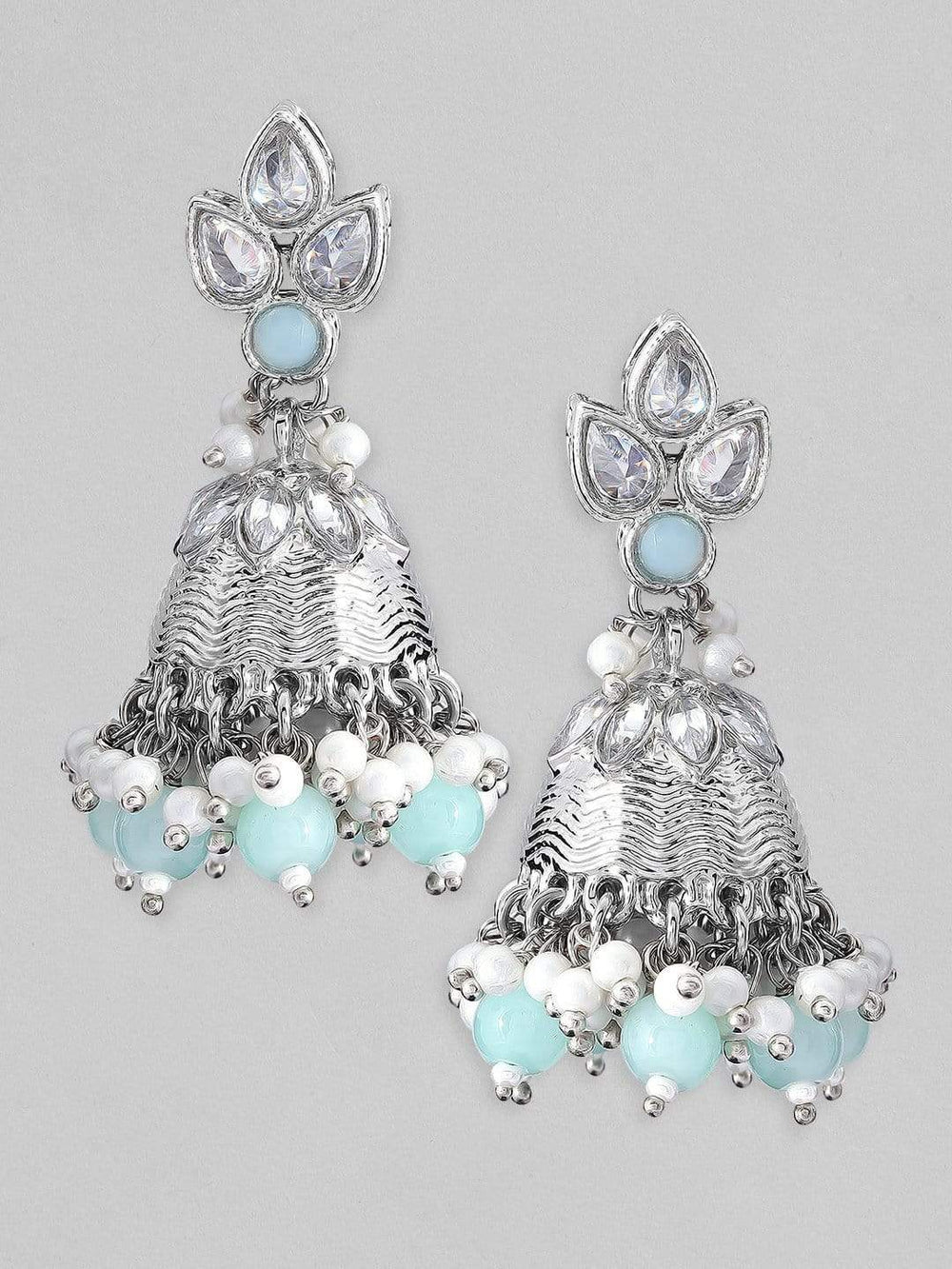 Rubans Silver Plated Blue Studded Jhumka Earrings Earrings