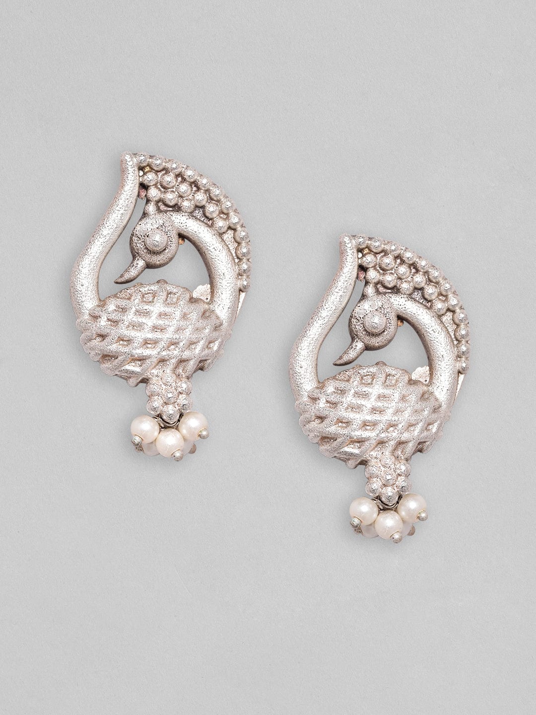 Rubans Silver Plated Earrings With Handcrafted Peacock Design And Silver Beads Earrings