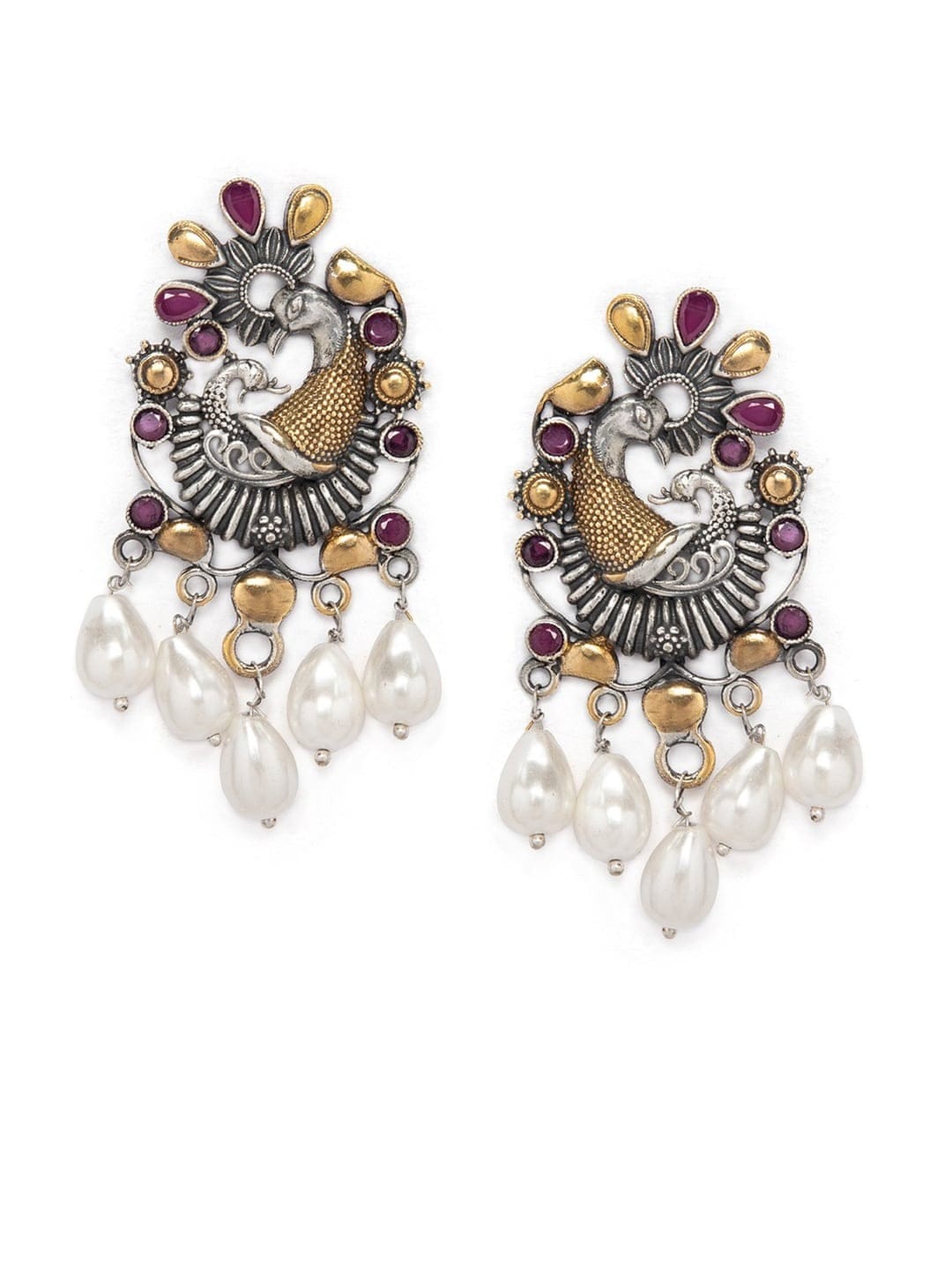 Rubans Silver-Plated &amp; Gold-Toned Peacock Shaped Drop Earrings Earrings