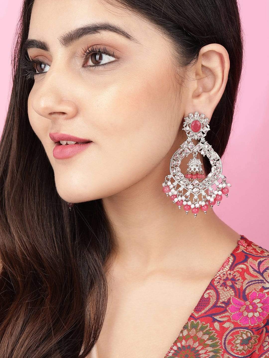 Rubans Silver Plated Handcrafted AD Studded & Pink Beads Chandbali Earrings Earrings