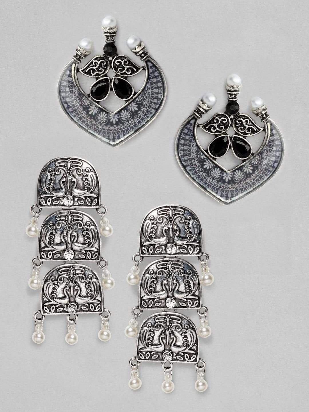 Rubans Silver Plated Handcrafted  Peacock Drop & Stud Set of 2 Earrings Earrings