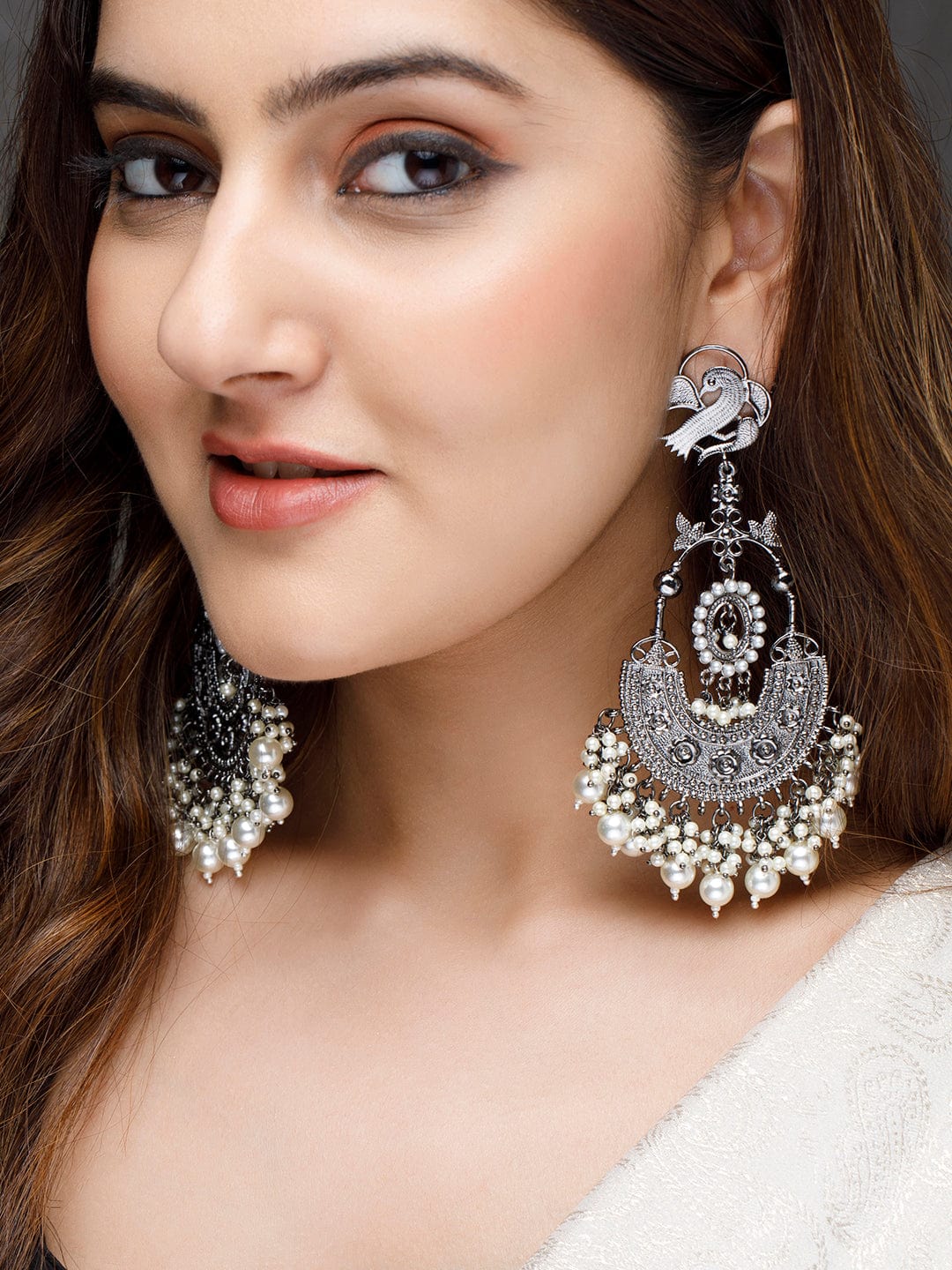 Rubans Silver-Plated Handcrafted Pearls Jhumka Earrings Earrings