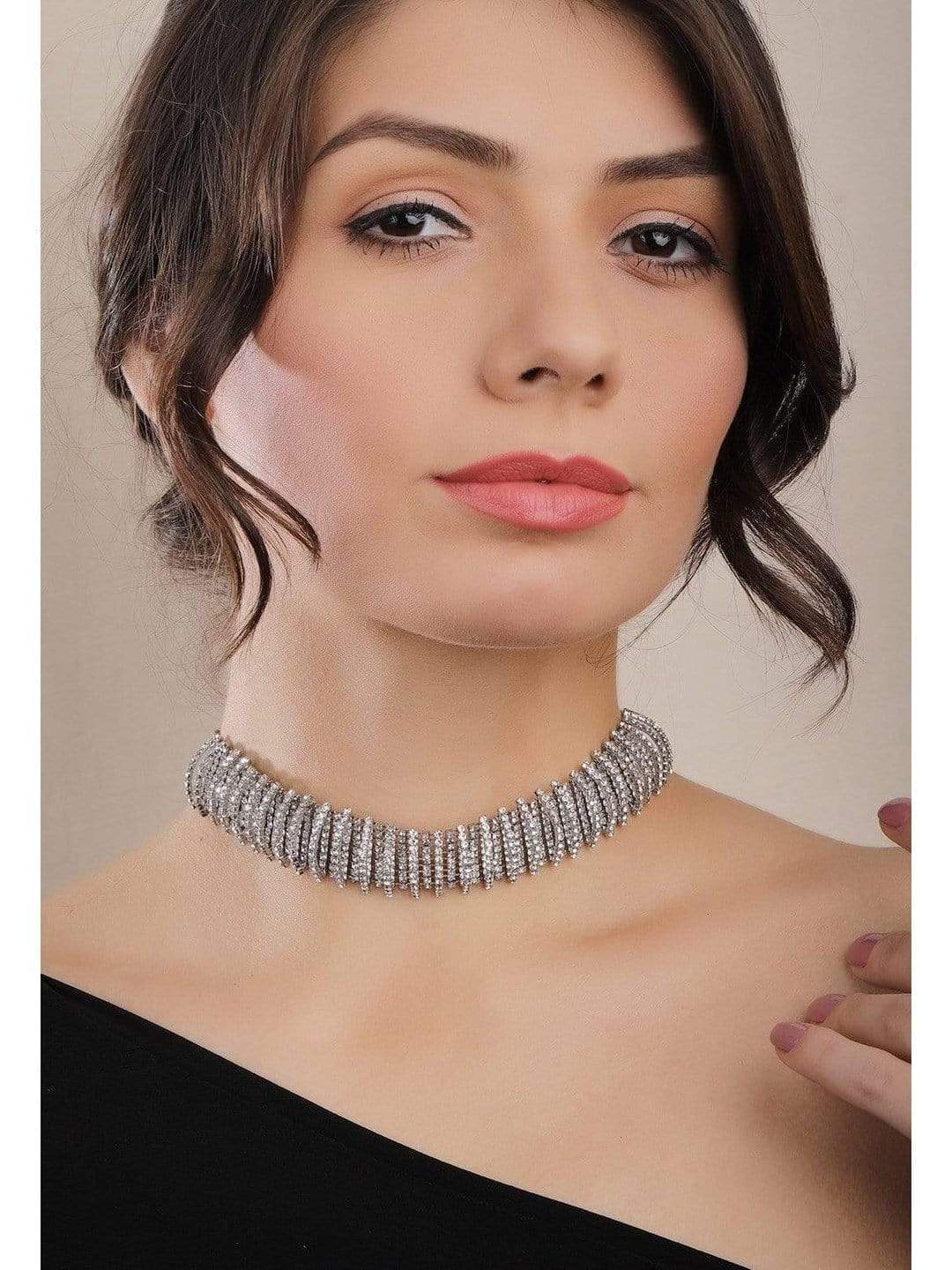 Rubans Silver Plated Handcrafted Rhinestone Choker Chain &amp; Necklaces