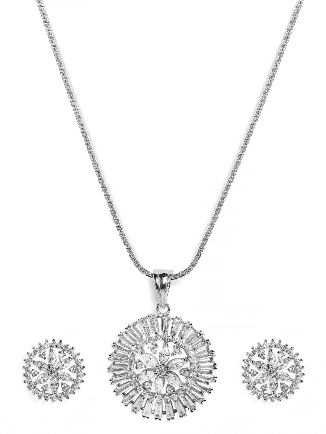 Rubans Silver Plated Handcrafted Zircon Stone Studded Pendant Chain & Necklaces