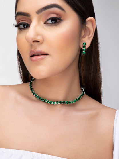 Rubans Silver Plated Long Necklace Set With Studded Green Stones Jewelry Sets
