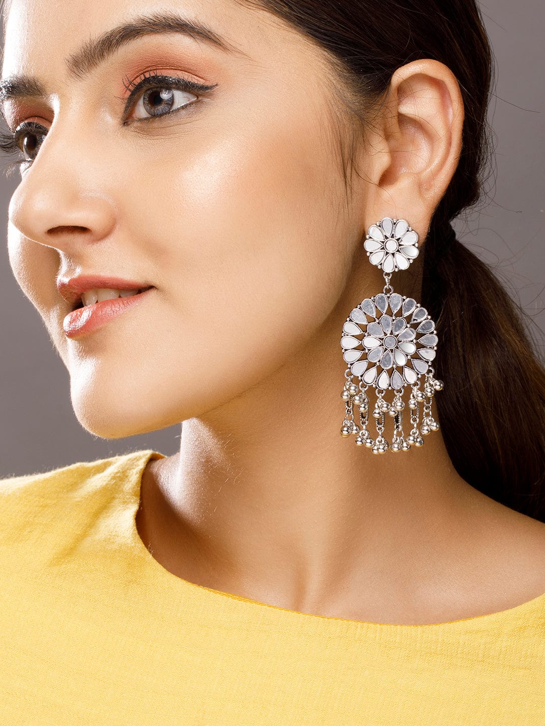 Rubans Silver-Plated Mirror Studded Circular Drop Earrings Earrings