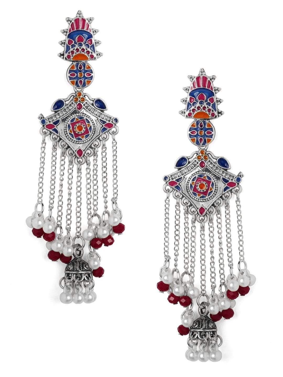 Rubans Silver Plated Multi Enamel Handpainted Jhumka Drop Earrings Earrings