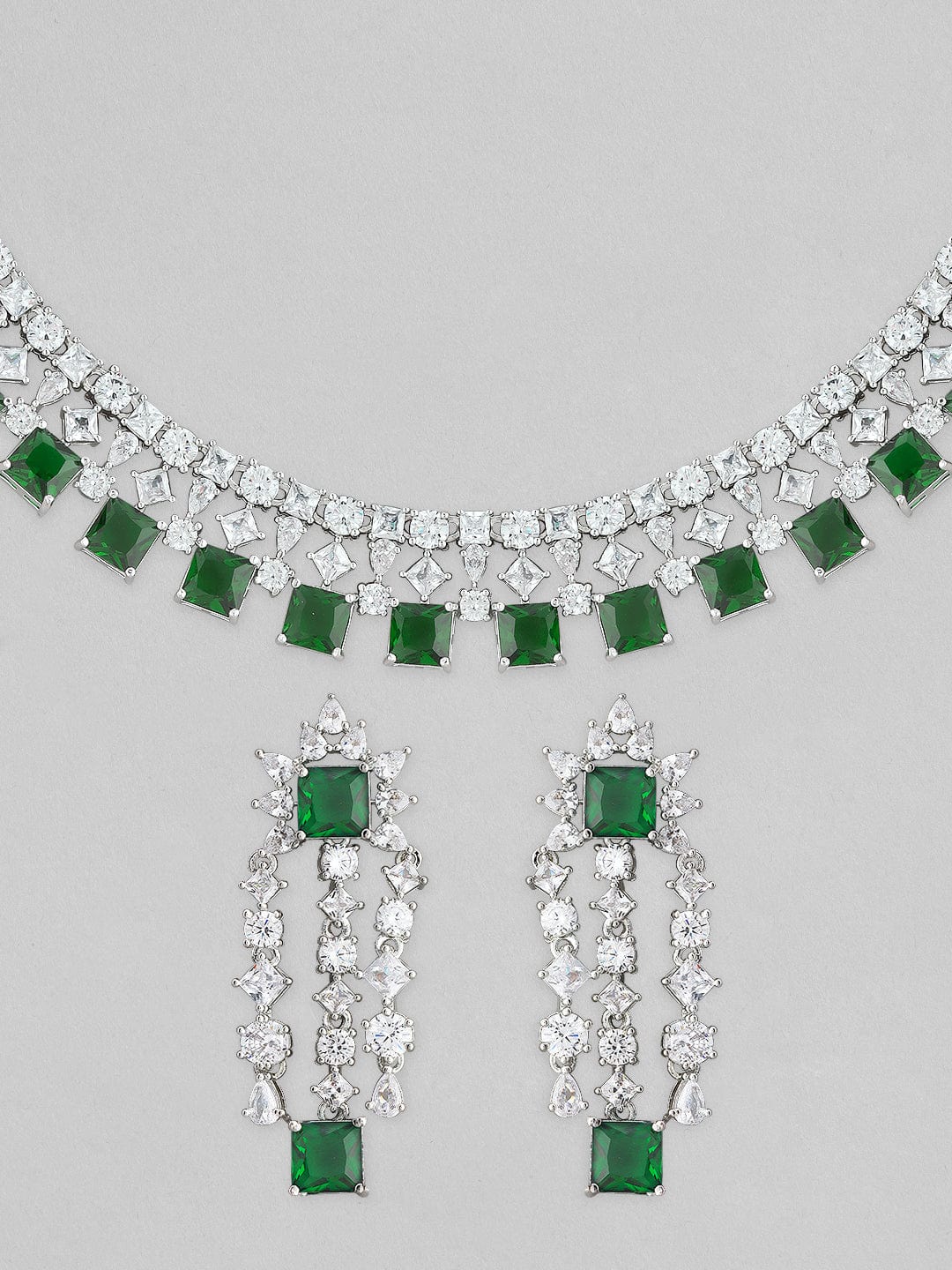 Rubans Silver Plated Necklace Set With American Diamonds And Green Stones. Choker Necklace Set