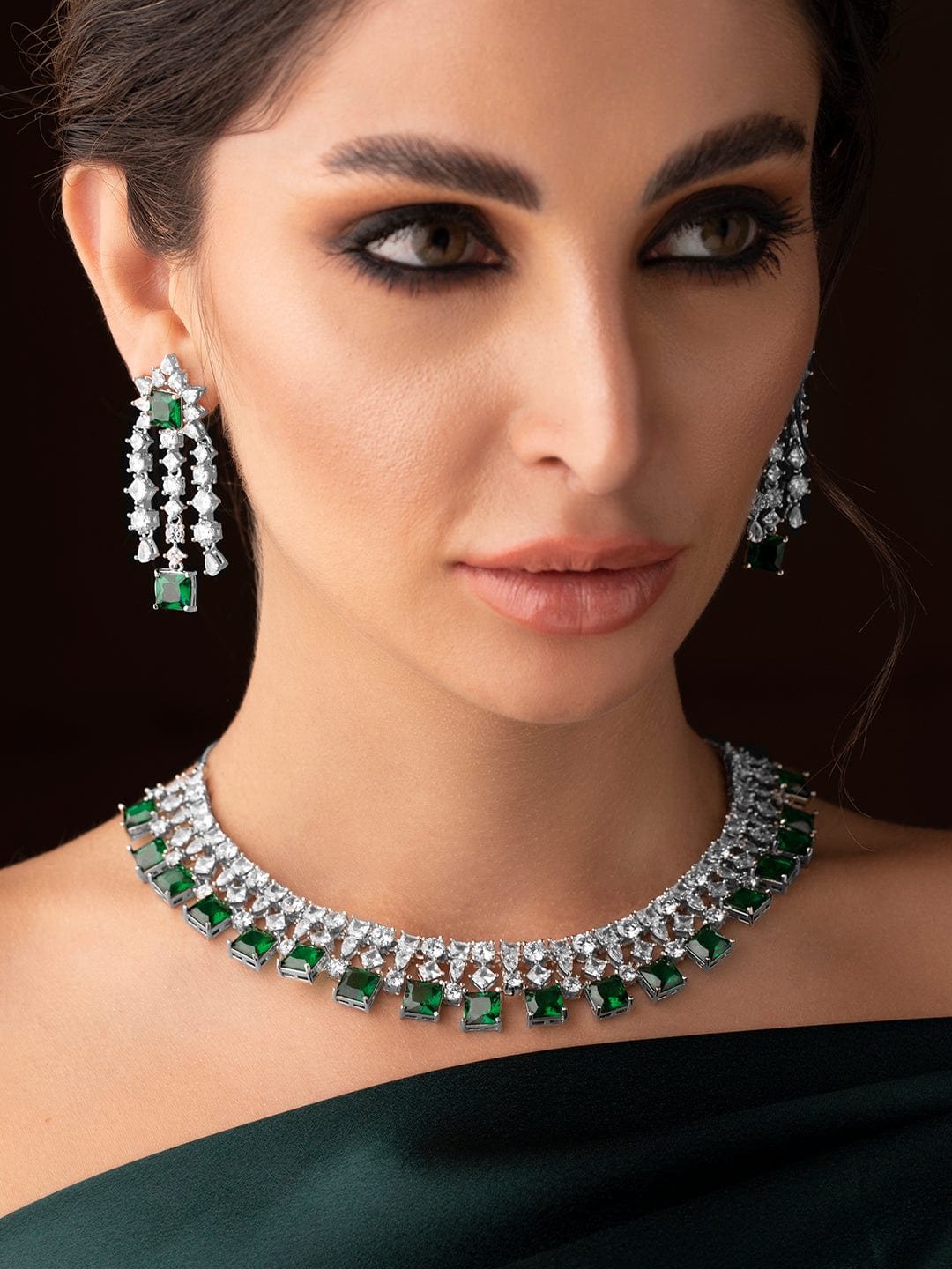 Rubans Silver Plated Necklace Set With American Diamonds And Green Stones. Choker Necklace Set