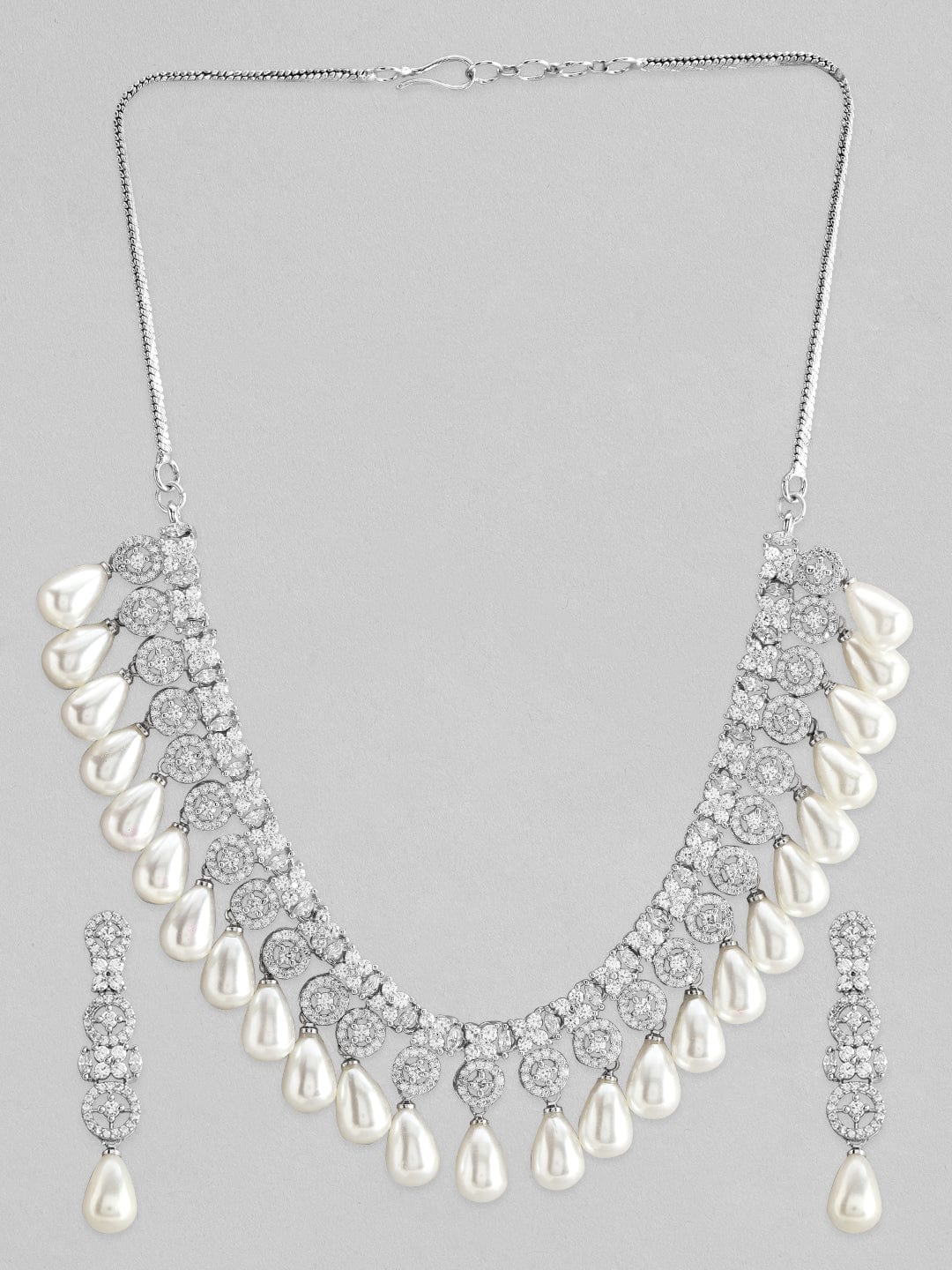 Rubans Silver Plated Necklace Set With American Diamonds And Pearls. Necklace Set