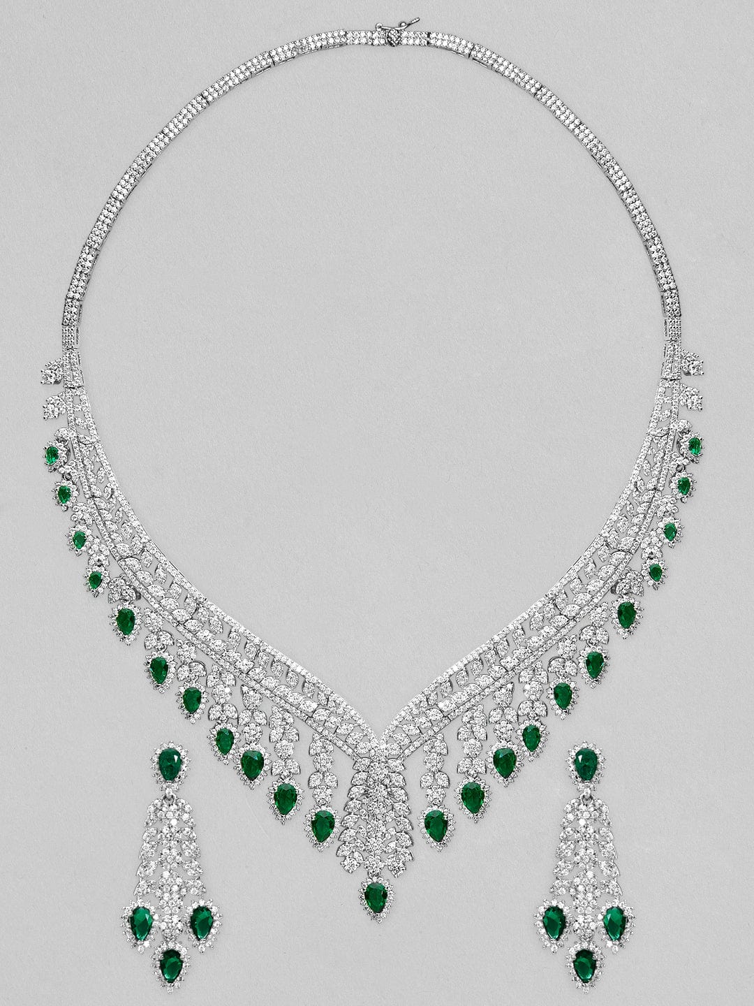 Rubans Silver Plated Necklace Set With Studded American Diamonds And Green Stones. Jewelry Sets